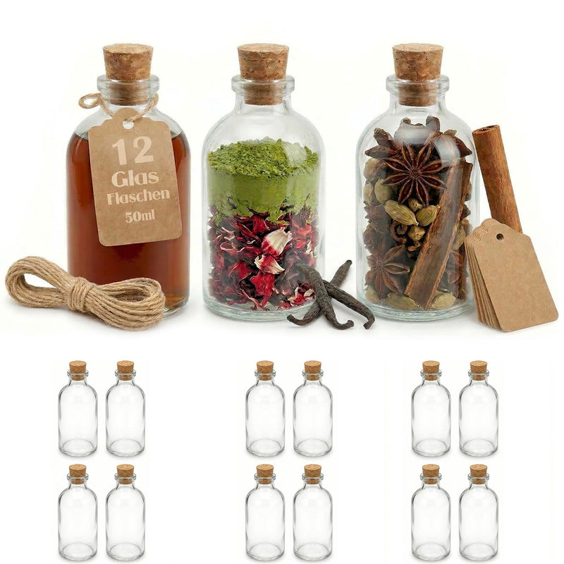 Casavetro 12 x 50 ml kleine Glas-Fläschchen mit Kork Deckel Glasflasch – Glasfactory