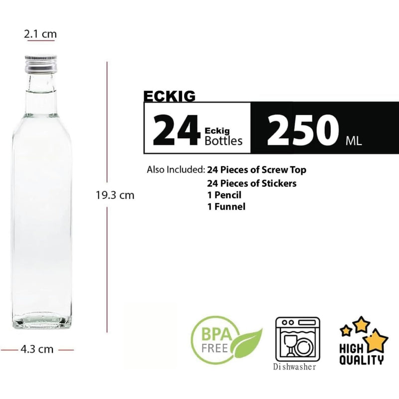 slkfactory 24er Set 250 ml Maraska Glasflaschen mit Schraubverschluss – Leere Flaschen zum Befüllen für Likör, Öl, Essig, Sirup & Saft – inkl. Etiketten & Stift
