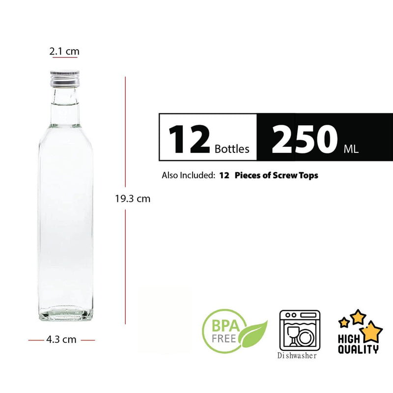 slkfactory 12er Set 250 ml Maraska Glasflaschen mit Schraubverschluss – Leere Flaschen zum Befüllen für Likör, Öl, Essig, Sirup & Saft – inkl. Etiketten & Stift