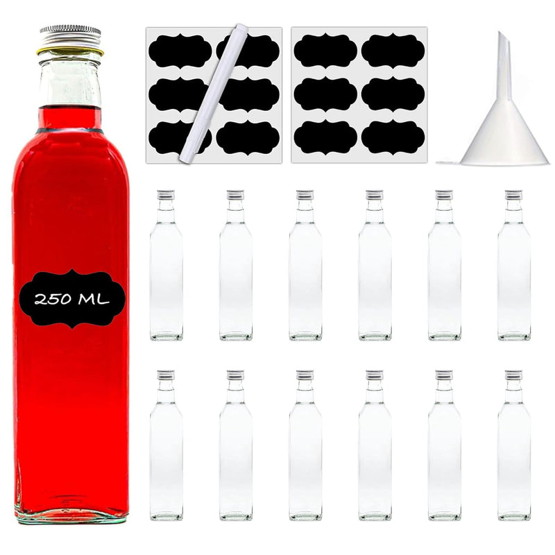 slkfactory 12er Set 250 ml Maraska Glasflaschen mit Schraubverschluss – Leere Flaschen zum Befüllen für Likör, Öl, Essig, Sirup & Saft – inkl. Etiketten & Stift