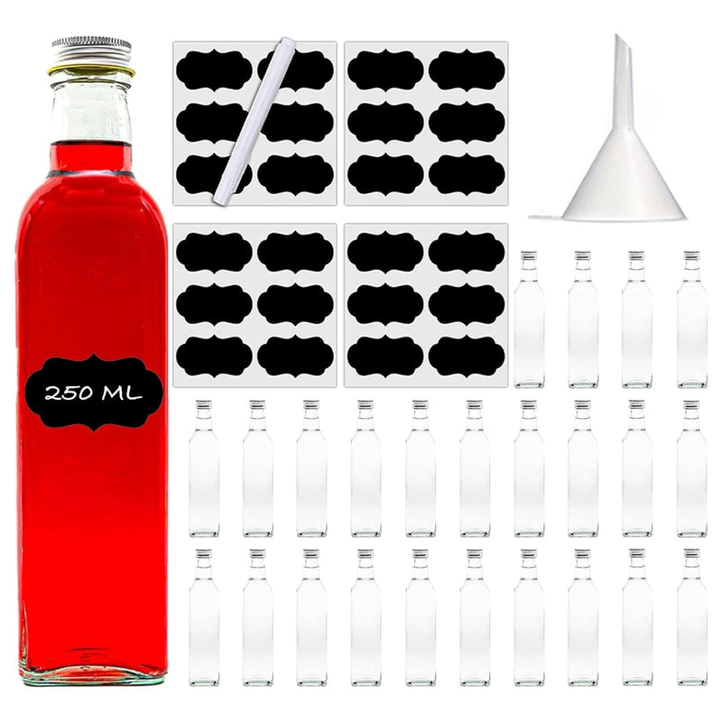 slkfactory 24er Set 250 ml Maraska Glasflaschen mit Schraubverschluss – Leere Flaschen zum Befüllen für Likör, Öl, Essig, Sirup & Saft – inkl. Etiketten & Stift