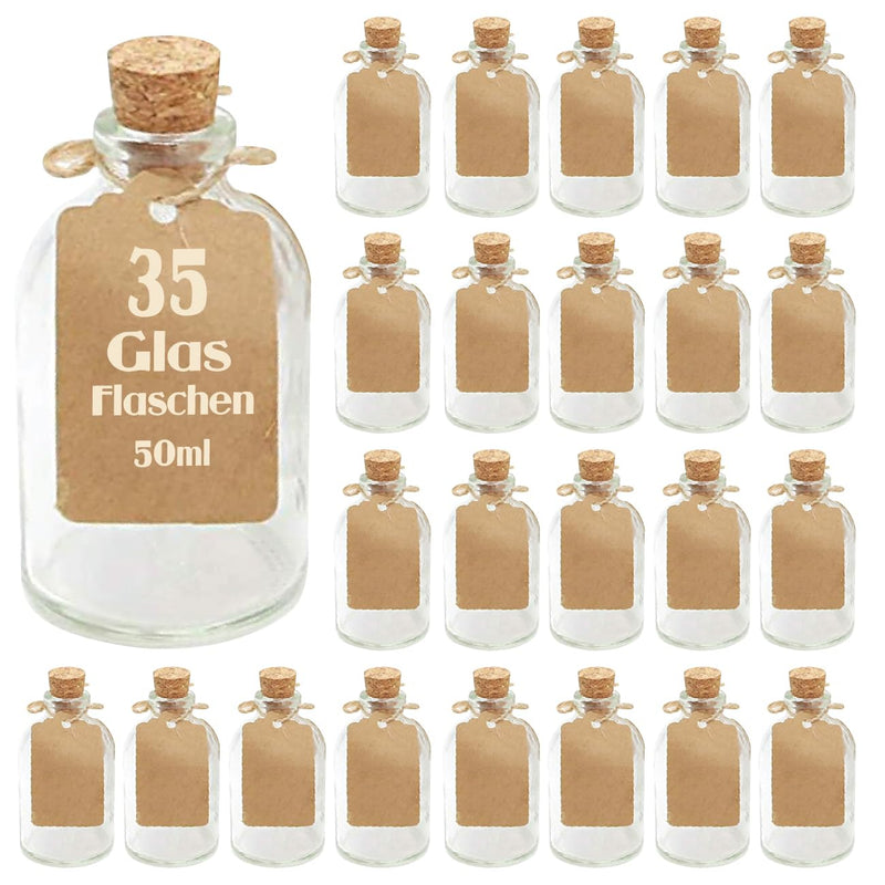 casavetro 35 x 50 ml kleine Glas-Fläschchen mit Kork Deckel Glasflaschen für Hochzeit Geschenke set Gastgeschenke (35 Stück- inkl.alles)