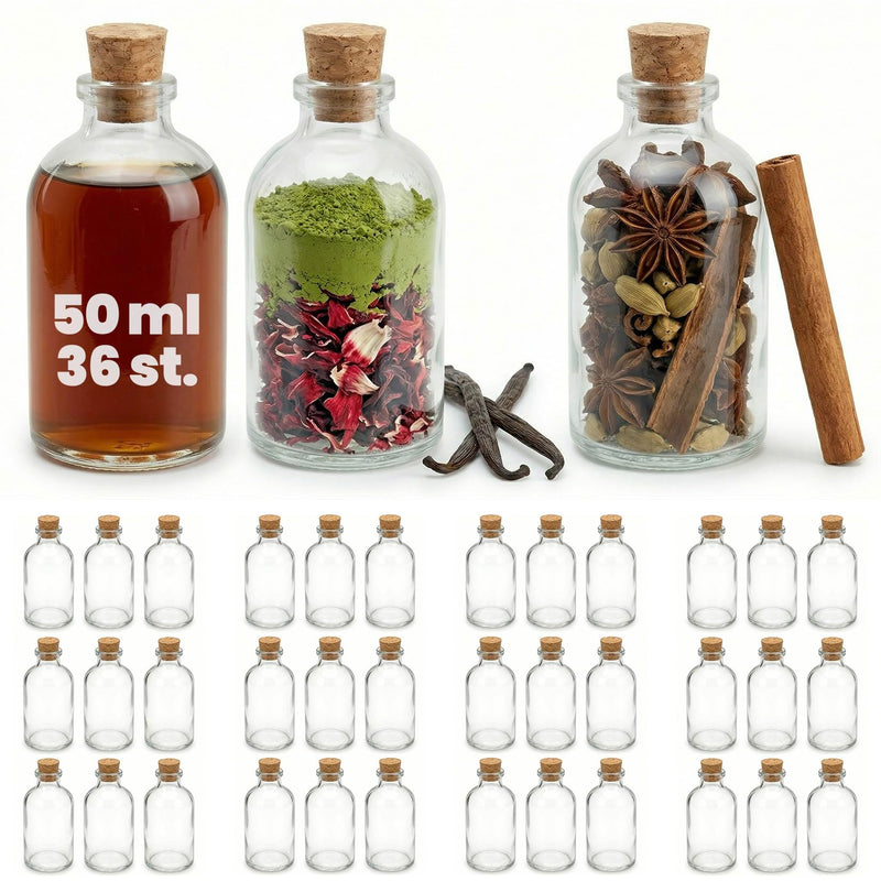 casavetro 36 Glasflaschen 50ml mit Korken – Kleine Flaschen zum Befüll – Glasfactory