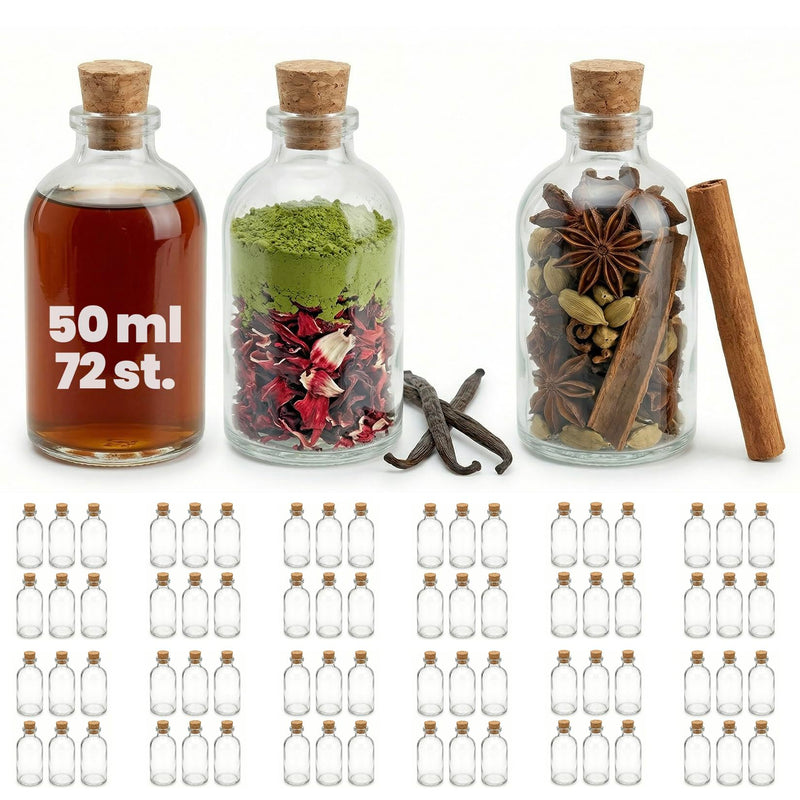 casavetro 72 Glasflaschen 50ml mit Korken – Kleine Flaschen zum Befüll – Glasfactory
